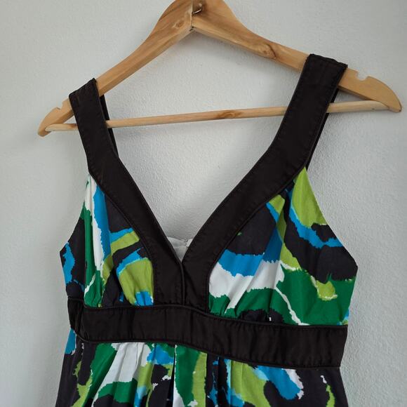 Banana Republic Y2K Babydoll Floral Mini Dress Sz-6 Cotton Silk Green Brown - Picture 2 of 8